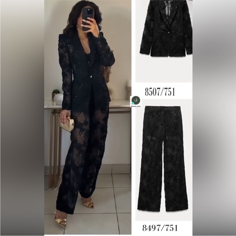 ZARA 8497/751/800 197/015 FLORAL STRUCTURED SEQUINS SEMI-SHEER PANTS - Picture 6 of 16